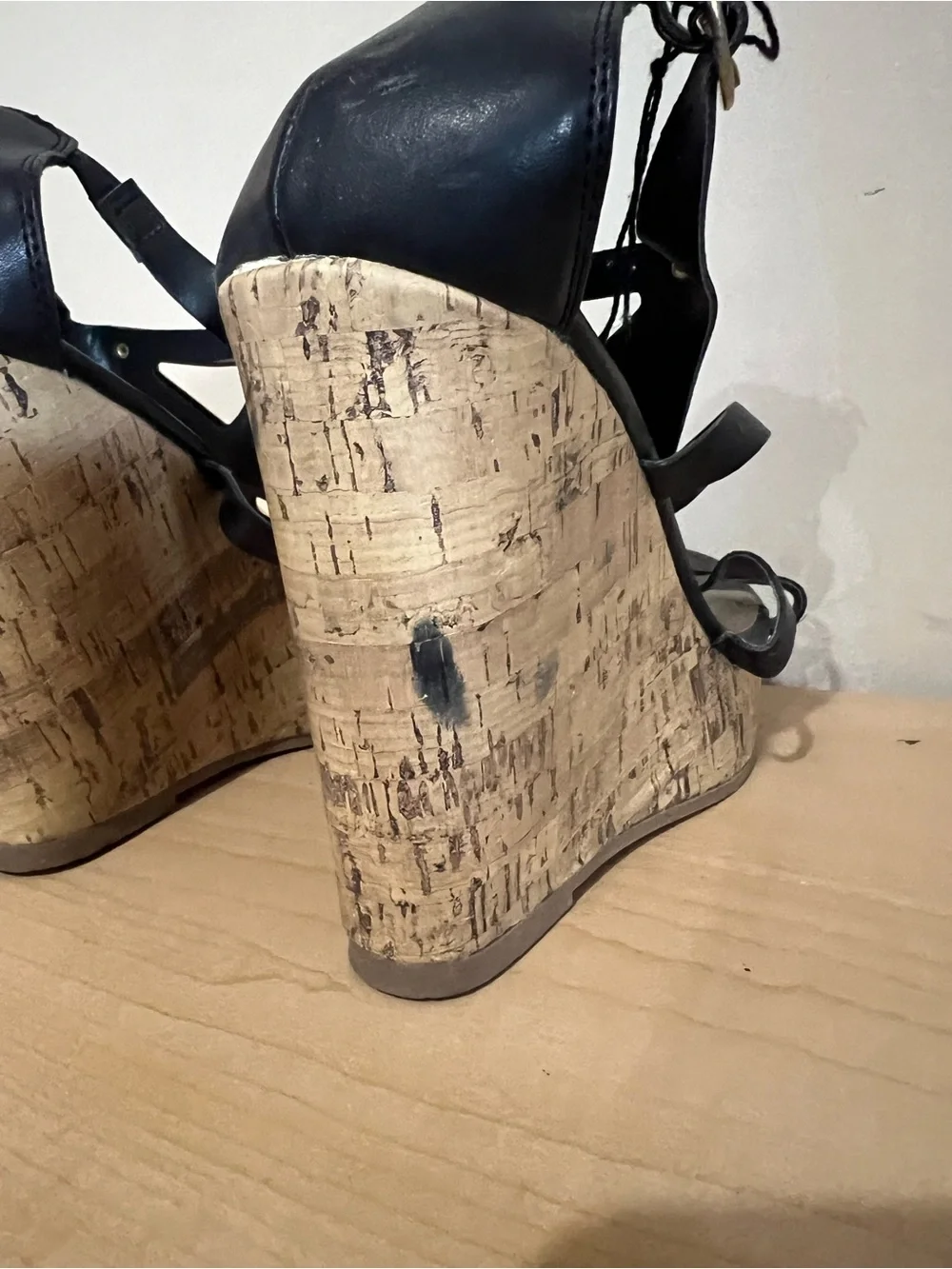 Montego Bay Club Black Wedge Sandals with Cork Platform and Gold Accents